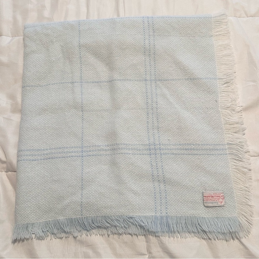 THE THREE WEAVERS Blue White Baby Blanket HandWoven Plaid Texas Vintage USA Made